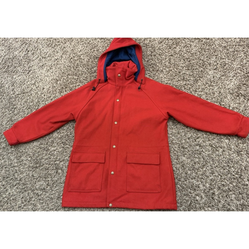 Vntg 90s The Woolrich Red Wool Hooded Lined Coat- USA Zip/Snap Women's Sz Medium